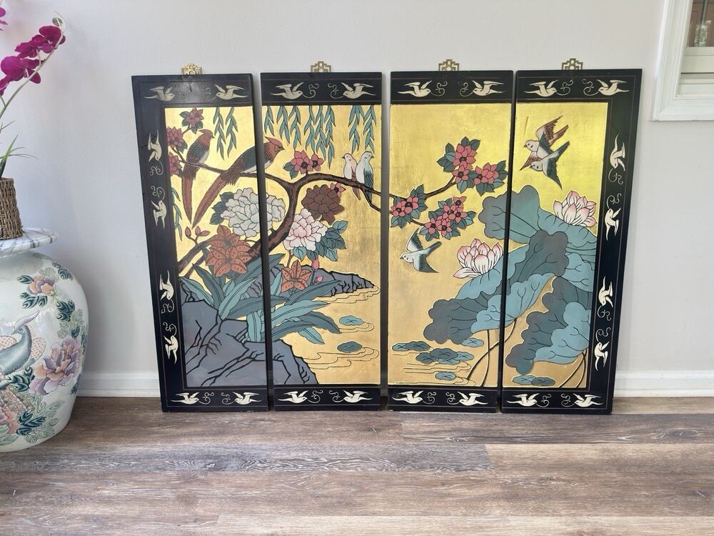 Vintage Asian 4-Panel Black Lacquer Wall Art Gold Relief Birds Floral 48x36"